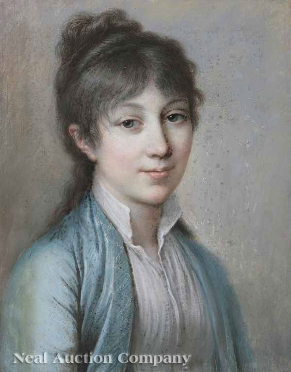 Pierre-Paul Prud'hon (French, 1758-1823): Pierre-Paul Prud'hon (French, 1758-1823), "Portrait of Mlle. Rey de Morande", pastel on linen, unsigned, label reading "Wildenstein Arte S.A., Florida 914, Buenos Aires" with artist name, title, mediu