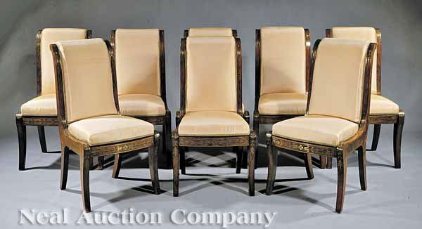 Eight Restauration Brass Inlaid Roswood Chaises: A Suite of Eight Important Restauration Brass Inlaid Rosewood Chaises, c. 1830, by George Alphonse Jacob-Desmalter (1799-1870), each stamped on underside "Jacob" with lozenge preceding the J. and with