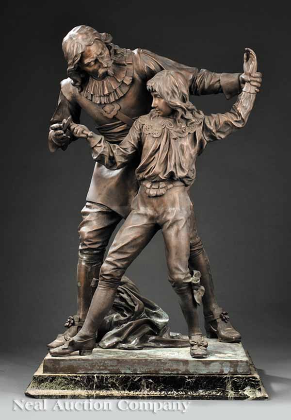 French Bronze Figural Group "The Fencing Lesson": A French Bronze Figural Group of "The Fencing Lesson", 19th c., after Adrien Etienne Gaudez (French, 1845-1902), bearing signature and foundry mark from the Parisian firm of "R. Cottin", height 31 in.