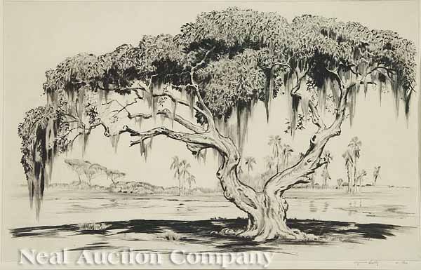 Alfred Heber Hutty (American/Charleston, 1877): Alfred Heber Hutty (American/Charleston, 1877-1954), "Southern Live Oak", drypoint on paper, pencil-signed and monogrammed lower right, titled and numbered "A.P." lower left, vintage brochure about pr