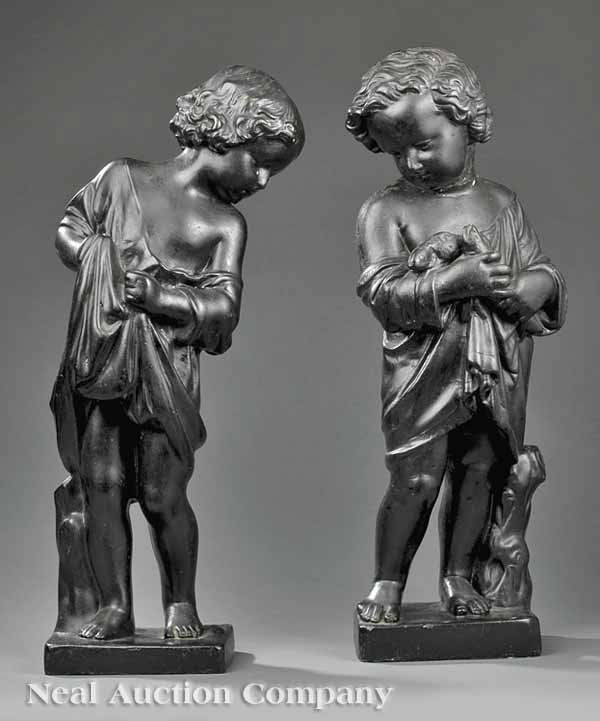 Pair Composition Figures of Putti: A Pair of Continental Composition Figures of Putti, late 19th/early 20th c., one holding fish in his hands, the other, using his robe as a basket, one height 27 in., width 9 in., depth 7 in., the othe