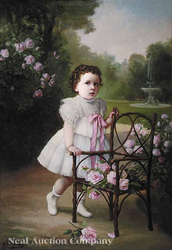 Andres Molinary (Gibraltar/New Orleans, 1847): Andres Molinary (Gibraltar/New Orleans, 1847-1915), "Portrait of a Young Girl in a Bed of Roses", oil on canvas, signed lower left, 52 1/4 in. x 36 1/4 in., in a gilt frame