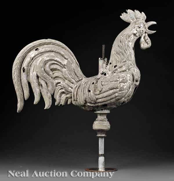 French Molded Zinc Cockerel Weather Vane: A French Molded Zinc Cockerel Weather Vane, 19th c., in crowing pose, height 19 3/4 in., width 23 1/4 in, depth 7 3/4 in