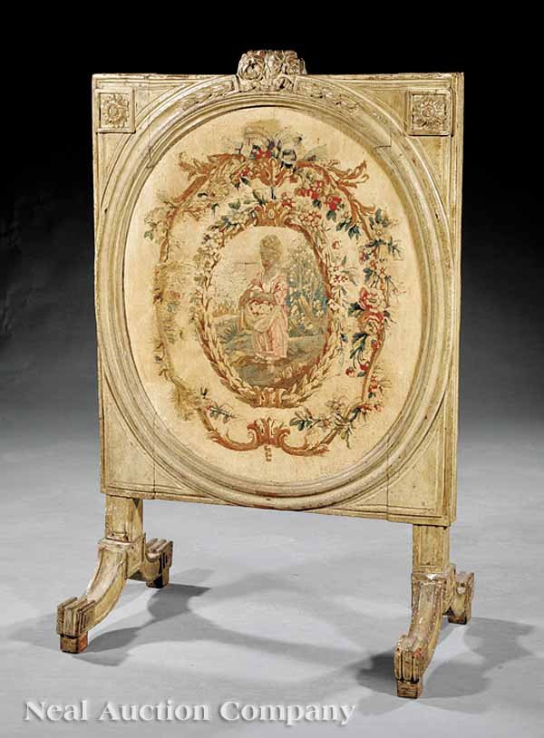 Louis XVI Creme Peinte Firescreen: A Louis XVI Creme Peinte Firescreen, 18th c., rectangular molded frame with rosette corners and floral cartouche, oval inset with original "Aubusson" panel, height 39 in., width 24 1/4 in., depth 16 i