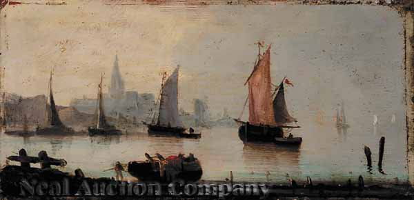 Dutch School, late 18th/early 19th c: Dutch School, late 18th/early 19th c., a pair of "Harbor Scenes", oil on board, 7 in. x 14 1/4 in., in fine period carved, gilt and gessoed wood frames