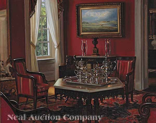 Evan Wilson (American/Alabama, b. 1953): Evan Wilson (American/Alabama, b. 1953), "Parlor, President's Home, University of Alabama, Tuscaloosa, AL", oil on board, signed and dated "1998" lower right, 16 in. x 20 in., in an attractive giltwoo