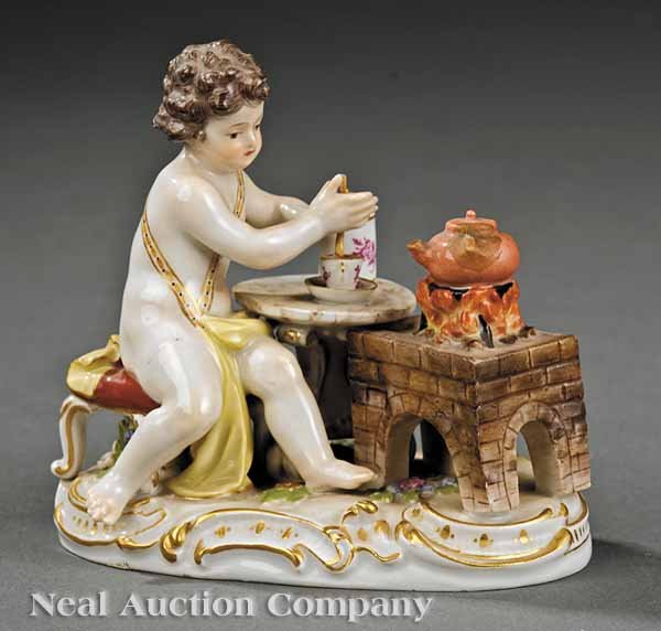 Meissen Porcelain Figure of a Cherub: A Meissen Porcelain Figure of a Cherub Stirring Hot Chocolate, 19th c., emblematic of Fire, raised on a Rococo scroll base, crossed swords mark in underglaze blue, incised model number "C97.", impress