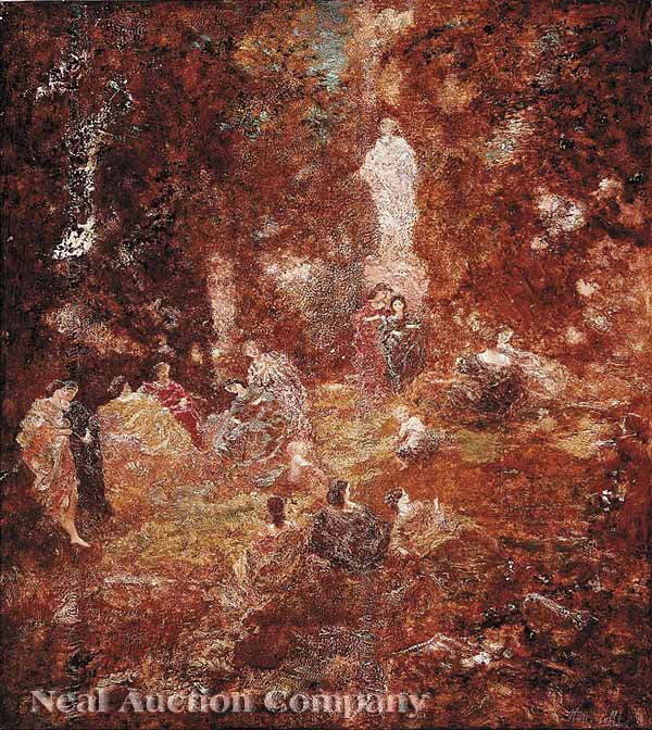 Adolphe Monticelli (French, 1824-1886): Adolphe Monticelli (French, 1824-1886), "Garden Party", c. 1865, oil on cradled wood, signed lower right, label from "François Buffa & Fils, Amsterdam" en verso, 23 in. x 20 1/2 in., in a later carve