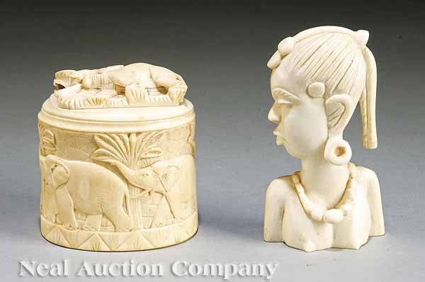 Two Continental Carved Ivory Decorative Objects: Two Continental Carved Ivory Decorative Objects, 20th c., comprising a female figure and a lidded box with elephants in a landscape, height 5 in. and 3 3/4 in. respectively