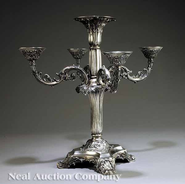 Walker and Hall Silver Epergne: An Antique English Silver Epergne, Walker and Hall, Sheffield, late 19th c., acanthus and shell decor with scroll arms, lacking inserts, height 18 1/4 in