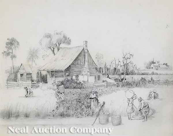 Jack R. Meyers (American/New Orleans, 1930-1994): Jack R. Meyers (American/New Orleans, 1930-1994), two pencil drawings on paper, "Picking Cotton" and "Louisiana Cabin Scene", both unsigned, sight 15 1/2 in. x 19 3/4 in., and 18 in. x 24 in., respect