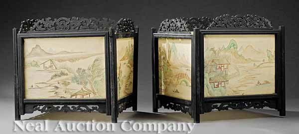 Carved Wood, Painted Paper Hanging Lanterns: Two Chinese Carved Wood and Painted Paper Hanging Lanterns, 20th c., square form, carved crest, each side fitted with painted Chinese landscapes, height 10 in., width 11 in. square