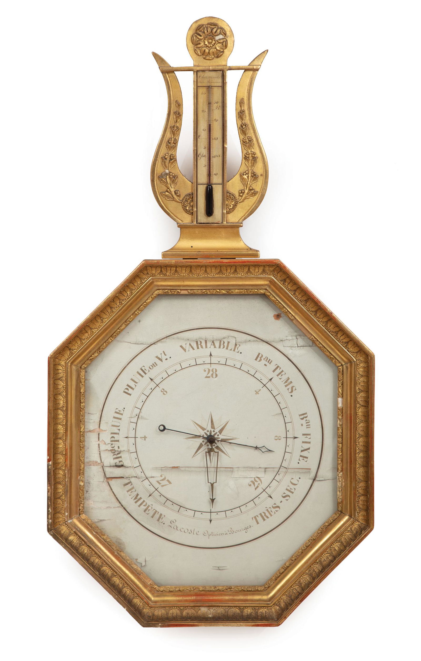 Louis XVI Giltwood Barometer: Louis XVI Giltwood Barometer , late 18th c., surmounted by lyre and thermometer, dial signed "Lacoste, Opticien a Bourges", h. 38 in., W. 20 1/2 in., d. 2 1/2 in Provenance: Watersmeet, Nashville; Est