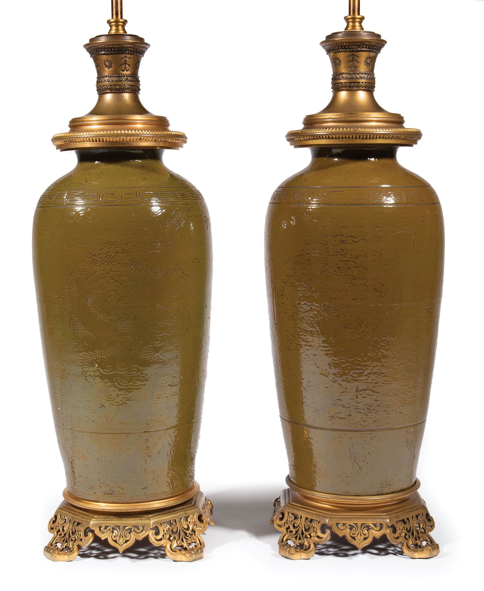 Asian Bronze Mounted Brown Glazed Porcelain Lamps (1 of 3)