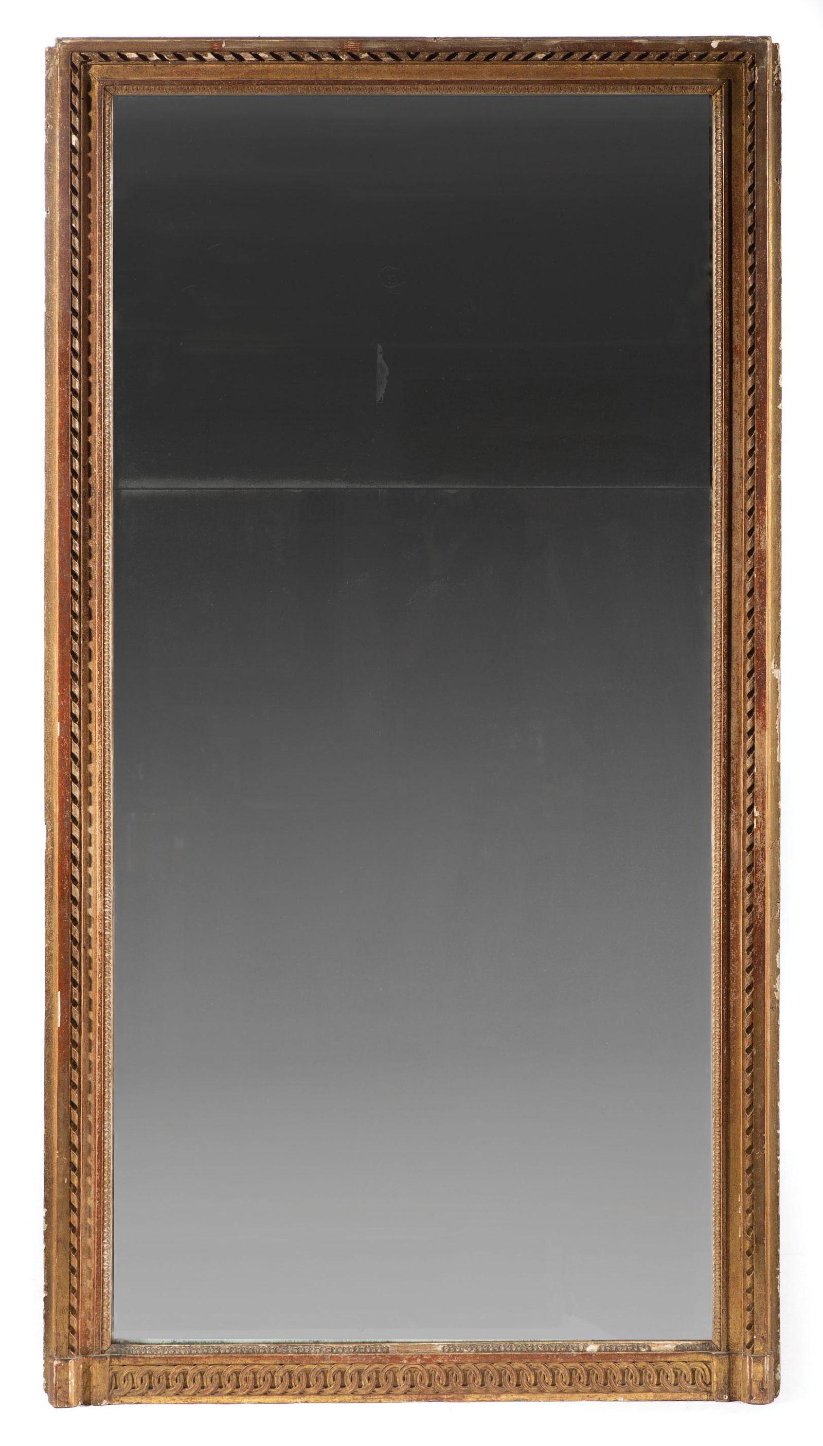 Neoclassical Carved and Gilded Pier Mirror: Antique Continental Neoclassical Carved and Gilded Pier Mirror , early 19th c., spiral-carved surround, old two-part mirror plate, h. 76 1/2 in., w. 41 in Provenance: Estate of Julia Evans Reed