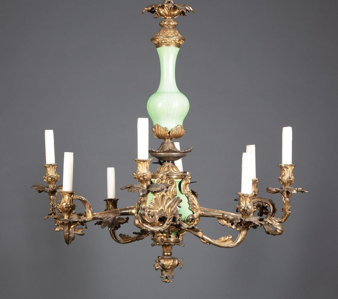 French Gilt Bronze and Green Porcelain Chandelier (1 of 2)