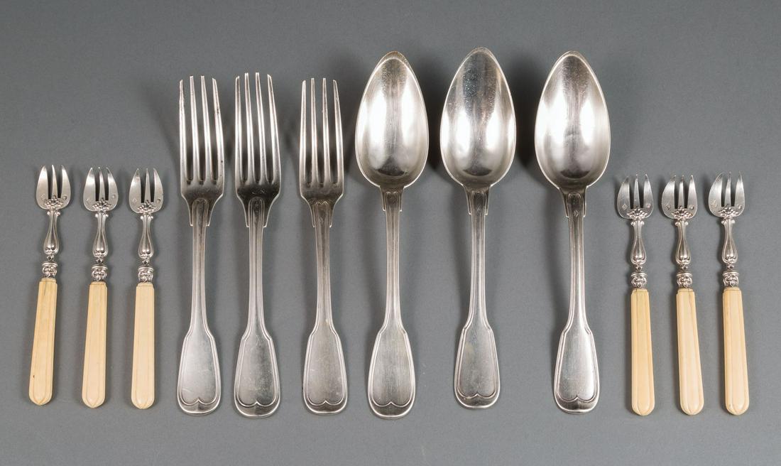 First Standard Silver Partial Flatware Service: French First Standard Silver Partial Flatware Service in Fiddlethread (or Filet) Pattern , 19th c., various makers, incl. 6 table forks and 6 tablespoons, monogrammed en suite "PR"; together with 9 1s