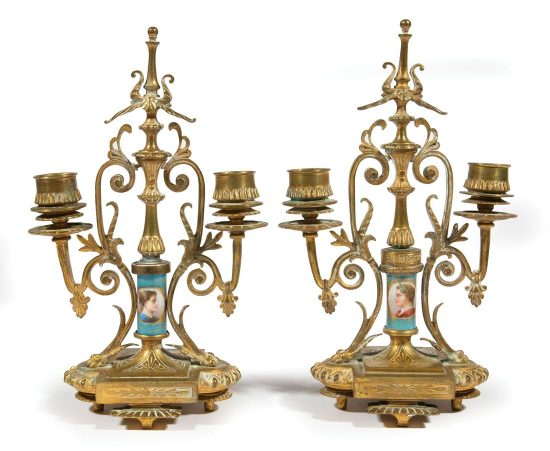 Pair of Diminutive Bronze Two-Light Candelabra: Pair of Diminutive Bronze Two-Light Candelabra , with bleu celeste porcelain portrait medallions, h. 10 1/4 in., w. 6 in., d. 3 1/4 in Provenance: Estate of Julia Evans Reed