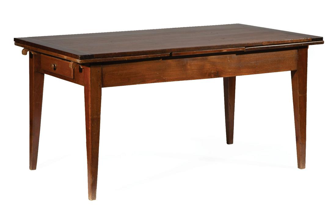 French Walnut Draw-Leaf Harvest Table: French Walnut Draw-Leaf Harvest Table , 19th c., with bread board ends, one frieze drawer, tapered legs, h. 29 in., w. (closed) 59 1/4 in., w. (open) 100 in., d. 33 in Provenance: Estate of Julia Evan