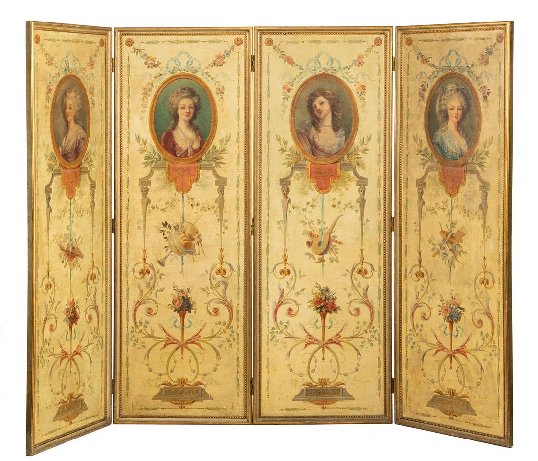 French Painted Canvas Four-Panel Screen (1 of 2)