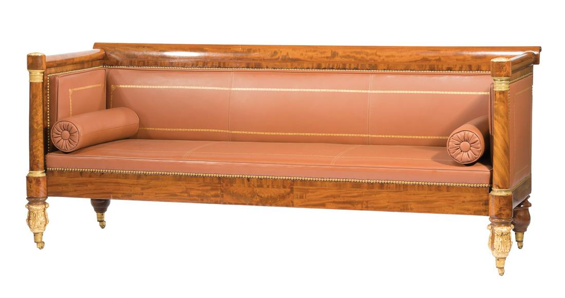 Classical Bronze-Mounted Mahogany Box Sofa: American Classical Bronze-Mounted Mahogany Box Sofa , early 19th c., attr. to Duncan Phyfe, New York, back-scroll crest rail, columnar arm supports, acanthine feet, cups and casters, now in gilt toole