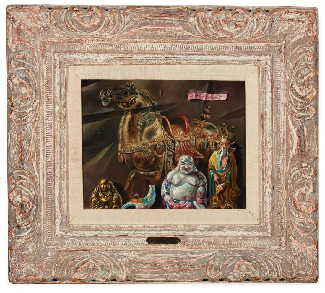 Aaron Bohrod (American/Wisconsin, 1907-1992): Aaron Bohrod (American/Wisconsin, 1907-1992) , "Asian Arts", 1980, oil on gesso panel, signed upper right, artist label with title and date en verso, 8 in. x 10 in., framed with artist and title plaqu