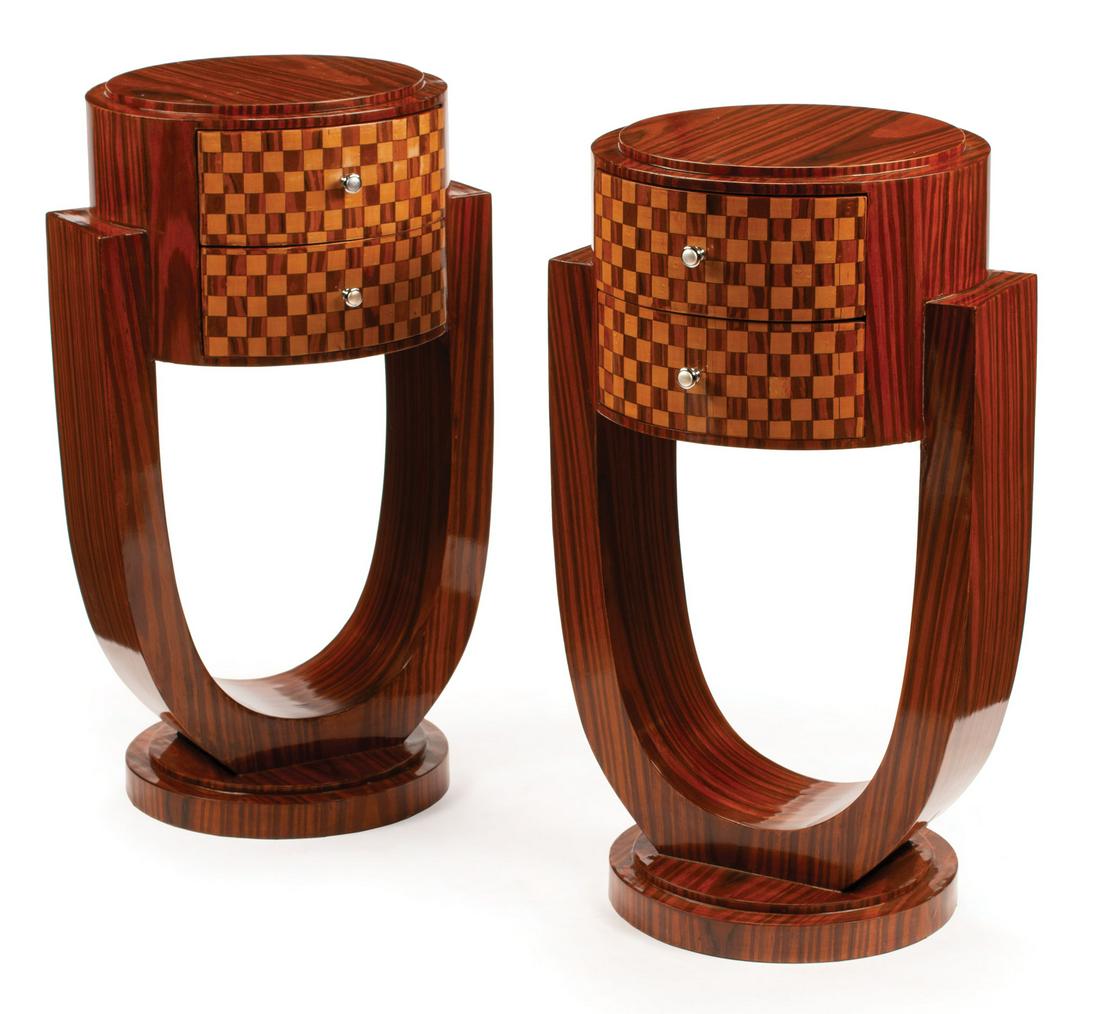 Pair of Art Deco-Style Inlaid "Zebrawood" Stands: Pair of Art Deco-Style Inlaid "Zebrawood" Stands , inset circular top, two drawers, U form supports , h. 30 in., w. 17 in., d. 15 in