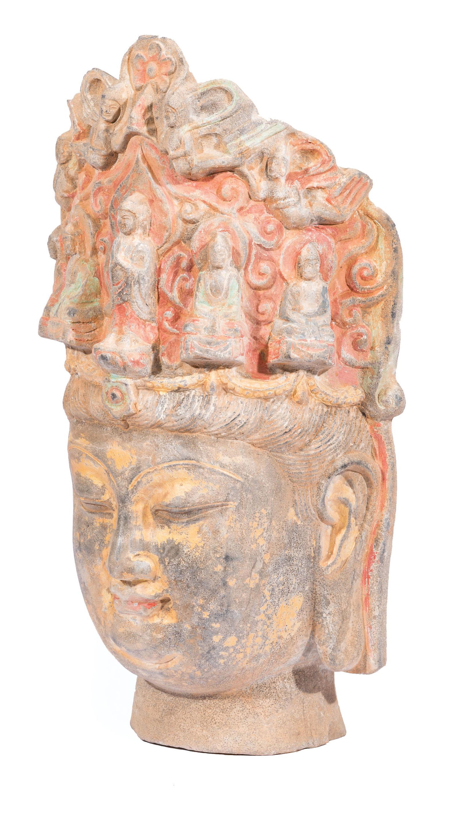 Chinese Carved and Polychromed Stone Head (1 of 2)
