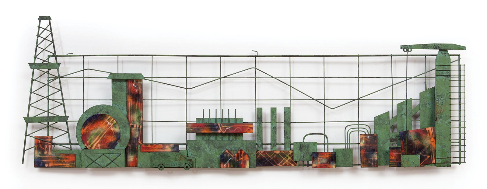 C Jere for Artisan House Sculpture of an Oil Rig: C Jere (Curtis Freiler and Jerry Fels) for Artisan House Polychrome Painted Metal Sculpture of an Oil Rig , 1966, inscribed "C. Jere" and dated lower right, reverse with "Artisan House" label, h. 19 1