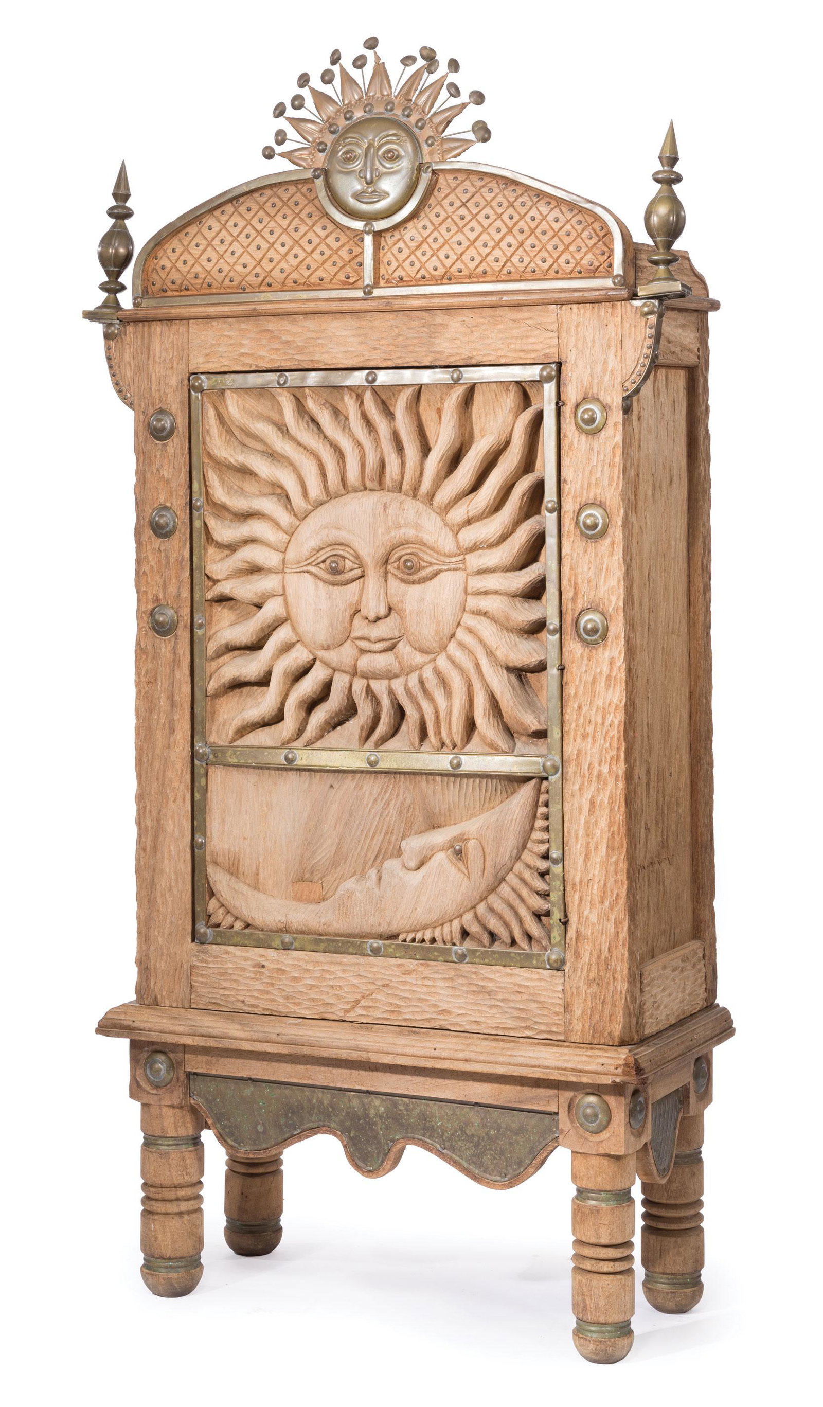 Attributed to Sergio Bustamante Wood Cabinet: Attributed to Sergio Bustamante Brass-Mounted Carved Wood Cabinet , h. 75 in., w. 39 in., d. 16 in