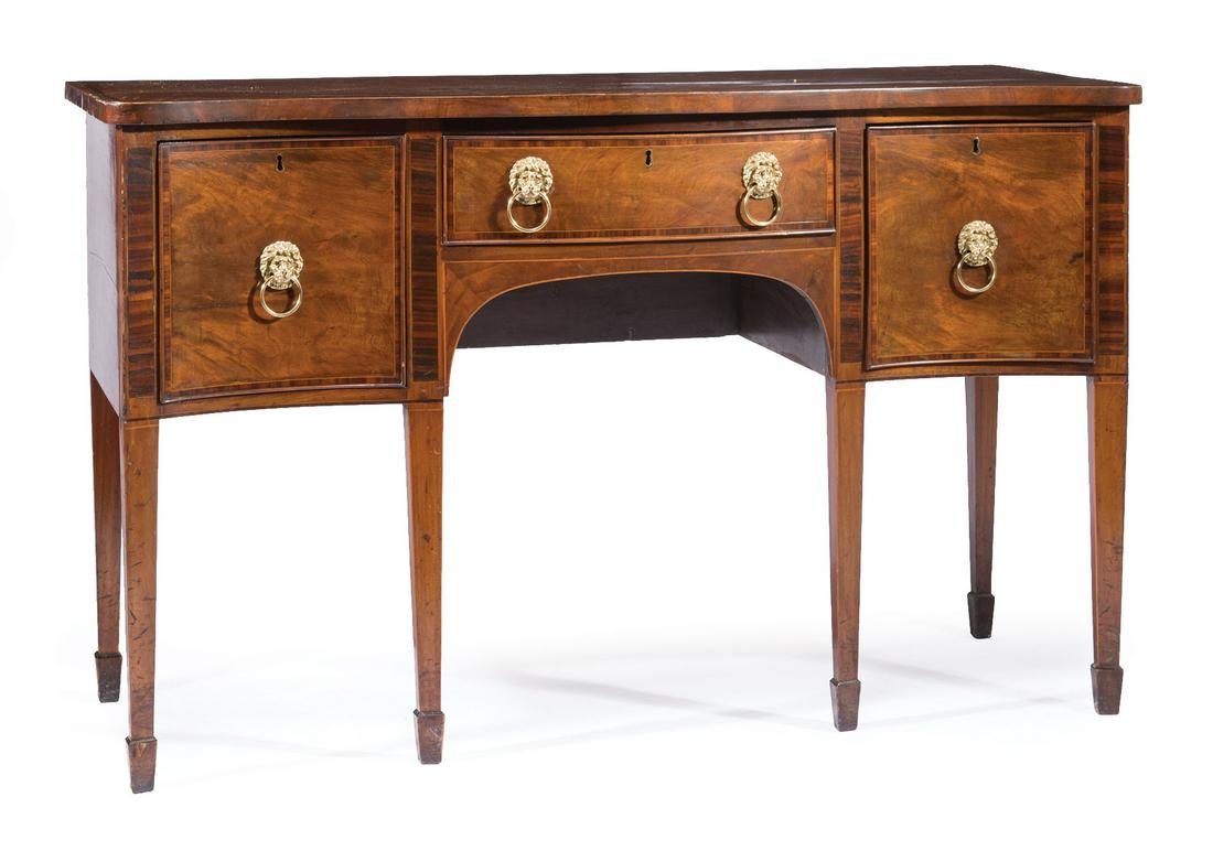George III Inlaid-Mahogany Sideboard: George III Inlaid-Mahogany Sideboard , 19th c., serpentine top, conforming case, central drawer over spandrels, flanked by deep drawers, tapered legs, spade feet, h. 37 1/2 in., w. 60 in., d. 24 3/4 i