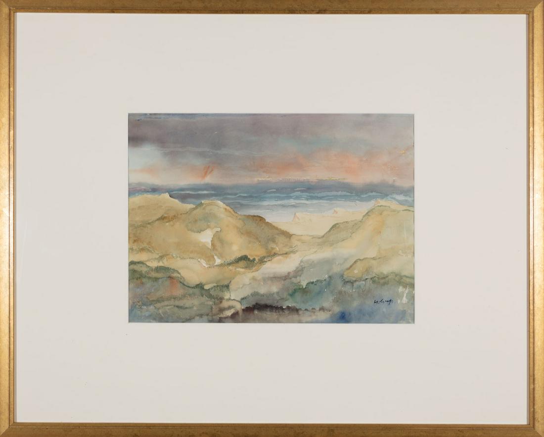 Hans Grohs (German, 1892-1981): Hans Grohs (German, 1892-1981) , "Blick auf Rotes Kliff von Dünen aus, Dithmarschen Coast, Sylt", 1959, watercolor on paper, signed lower right, "Frauken Grohs Collinson" stamp en verso, printed labe