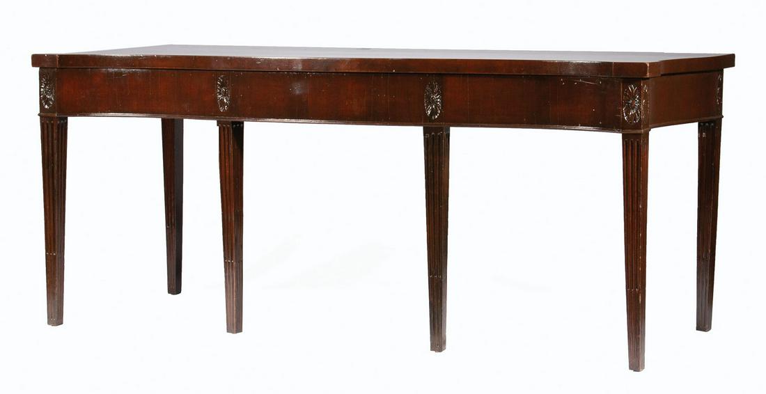 Antique Georgian Slab Top Table: Antique Georgian Slab Top Table , shaped serpentine top, conforming molded frieze, fluted and stop-fluted tapered les, h. 32 3/4 in., w. 77 in., d. 29 5/8 in
