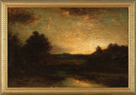 George Henry Bogert (American, 1864-1944): George Henry Bogert (American, 1864-1944) , "Landscape at Dusk", oil on canvas, signed lower left, handwritten label with artist on frame, 20 in. x 30 in., framed