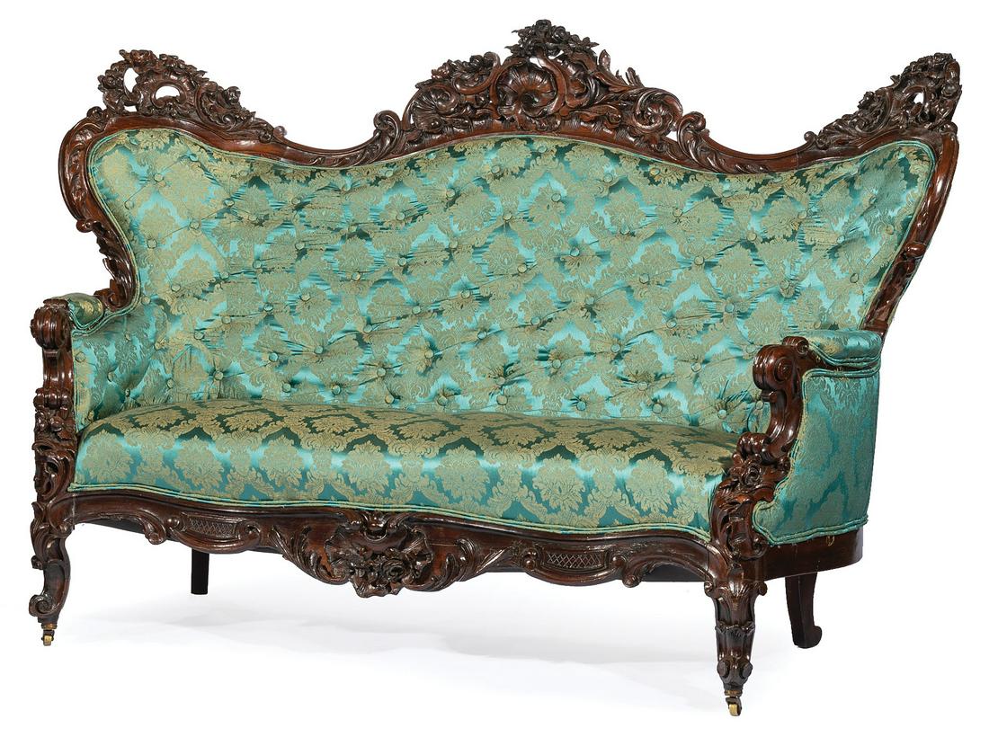 Pair American Rococo Carved Rosewood Settees: Pair of Very Fine American Rococo Carved Rosewood Settees , mid-19th c., New York, pierced rocaille crest rail, tufted back, padded scrolled arms, serpentine floral scrolled seat rail, scroll toes , h