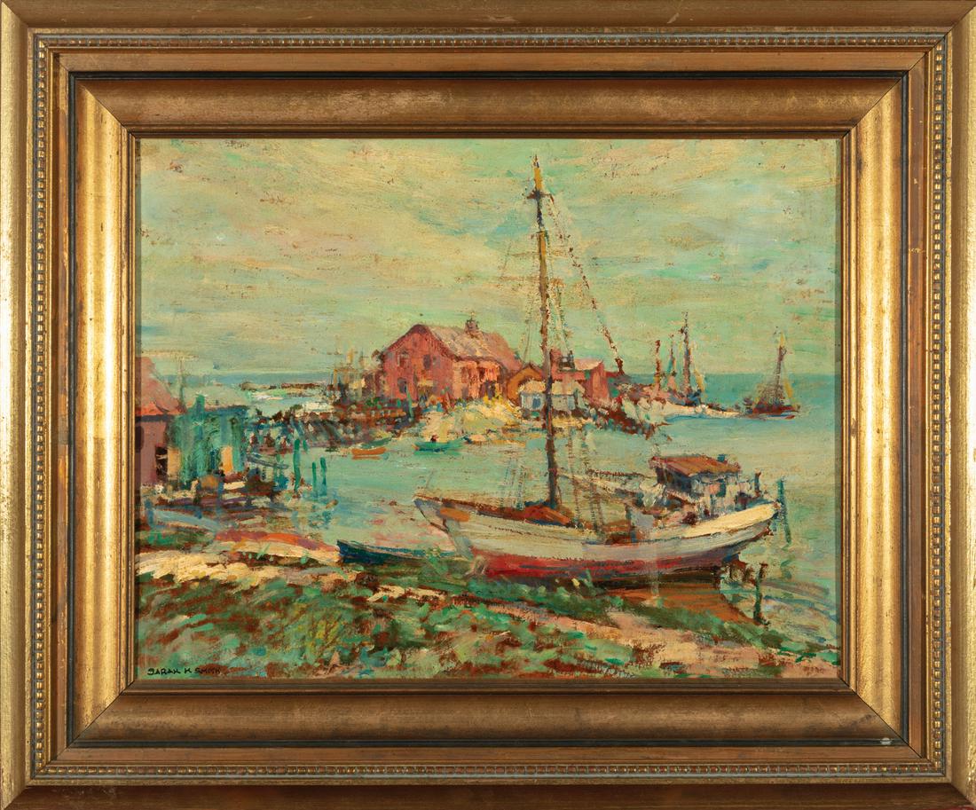Sarah Katherine Smith (American/Mississippi): Sarah Katherine Smith (American/Mississippi, b. 1877) , "On the Gulf Coast", oil on board, signed lower left, "Southern States Art League" label with title en verso, 12 1/2 in. x 16 in., framed