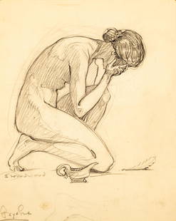 Ellsworth Woodward (American/Louisiana, 1861): Ellsworth Woodward (American/Louisiana, 1861-1939) , "Pysche", graphite on paper, signed and titled lower left, second sketch en verso, 14 1/4 in. x 11 1/2 in.; together with "The Mirror (Kneeling Nud