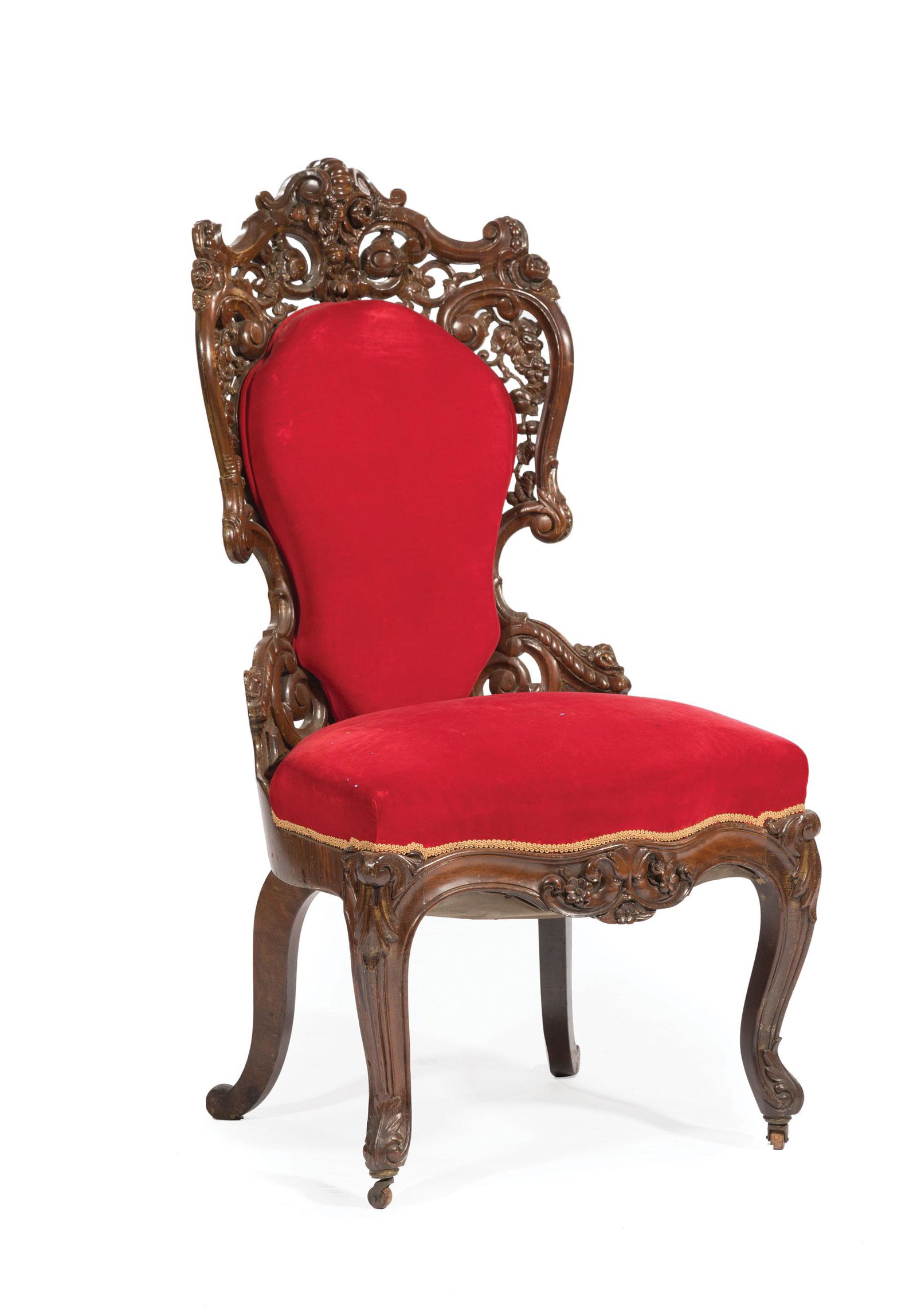 Carved and Laminated Rosewood Parlour Chair: American Rococo Carved and Laminated Rosewood Parlour Chair , attr. to Charles Baudouine (1808-1895), New York, foliate scroll pierced crest, serpentine seat, acanthine cabriole legs, casters, h. 38 i