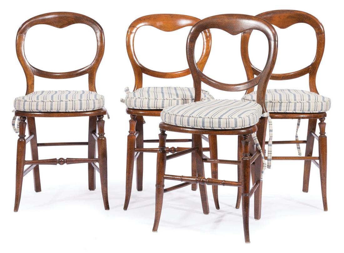 Four Louis Philippe Fruitwood Balloon-Back Chairs: Four Louis Philippe Fruitwood Balloon-Back Chairs , 19th c., caned seats, turned front tapered legs , h. 34 in., w. 15 1/2 in., d. 16 in