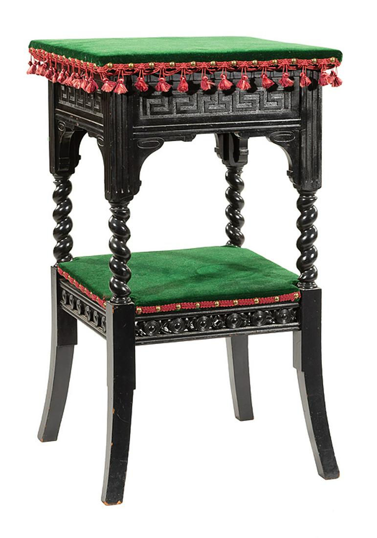 American Aesthetic Carved and Ebonized Side Table: American Aesthetic Carved and Ebonized Side Table , late 19th c., square velvet covered top, Greek key carved frieze, fluted and spiral turned supports, medial shelf, flared legs, h. 33 3/8 in., w. 19