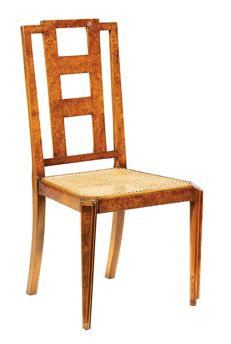 Art Deco Burlwood Side Chair: Art Deco Burlwood Side Chair , early 20th c., rectilinear back, caned seat, molded tapered legs, h. 36 1/4 in., w. 18 1/2 in