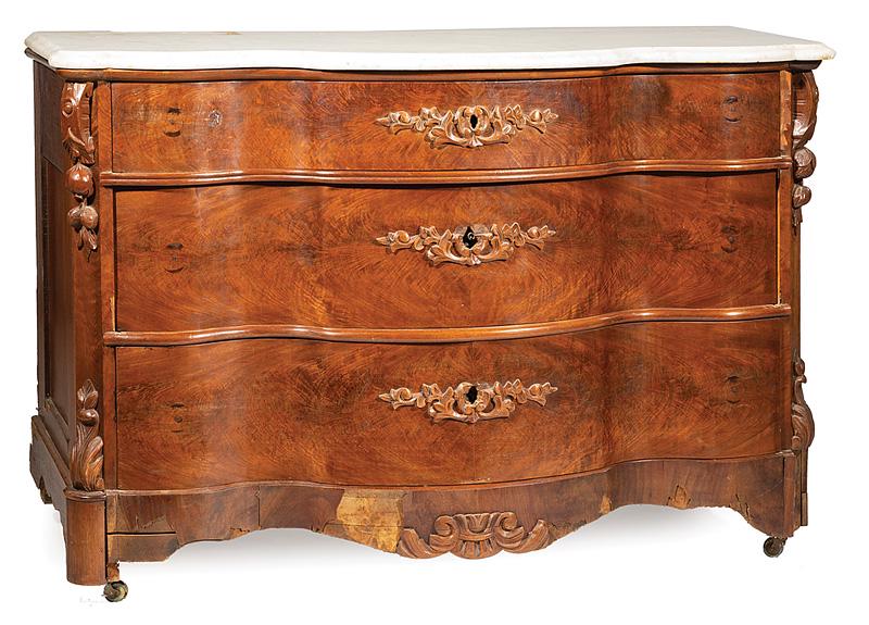 American Rococo Carved Mahogany Dresser: American Rococo Carved Mahogany Dresser , mid-19th c., arched mirror, pierced crest centered by fruit and nut cluster, scrolled upright supports, serpentine base, marble top, foliate carved drawers, c