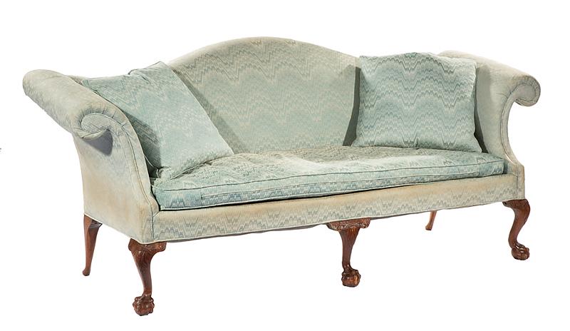 Chippendale-Style Carved Mahogany Camelback Sofa: American Chippendale-Style Carved Mahogany Camelback Sofa , c. 1876, scrolled arms, foliate ball and claw cabriole legs, h. 37 in., 85 in., d. 30 in Provenance: Barrett-Blaine Antiques, Houston, TX, 1
