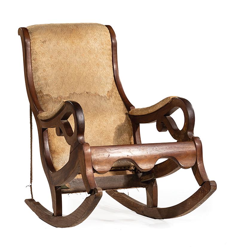 American Mahogany Rocker: American Mahogany Rocker , mid-19th c., shaped back, scroll supports, shaped apron, h. 34 1/2 in., w. 24 in., d. 38 in. Note: lacking seat, runner reattached proper right side