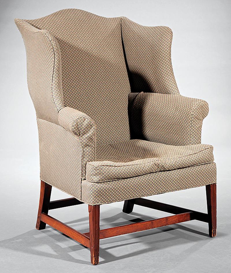 George III Mahogany Wingchair: George III Mahogany Wingchair , molded tapered legs, stretchers, h. 43 1/2 in., w. 32 in., d. 24 1/2 in