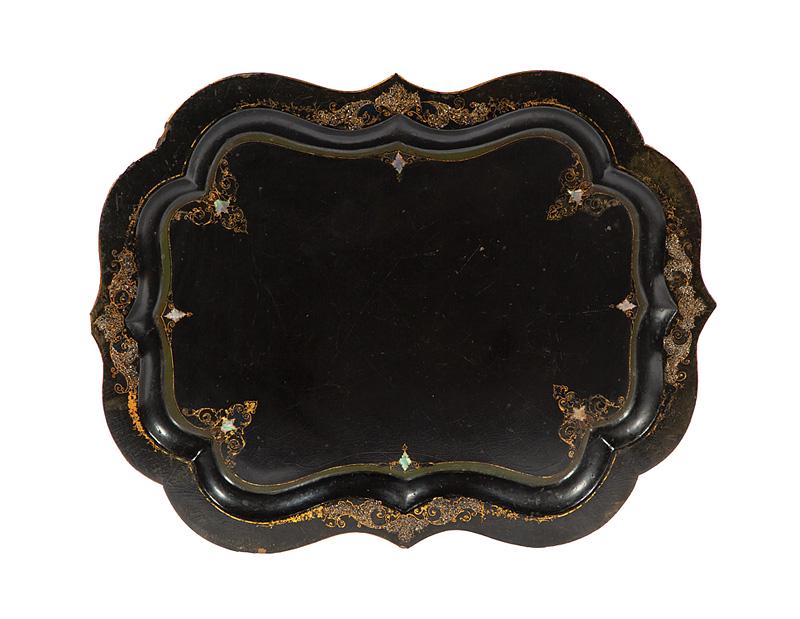 English Abalone Inlaid Papier-Mache Tray: Antique English Abalone Inlaid Papier-Mache Tray on Later Stand , 19th c., h. 19 3/4 in., w. 31 1/2 in., d. 24 1/2 in; Note: AS IS