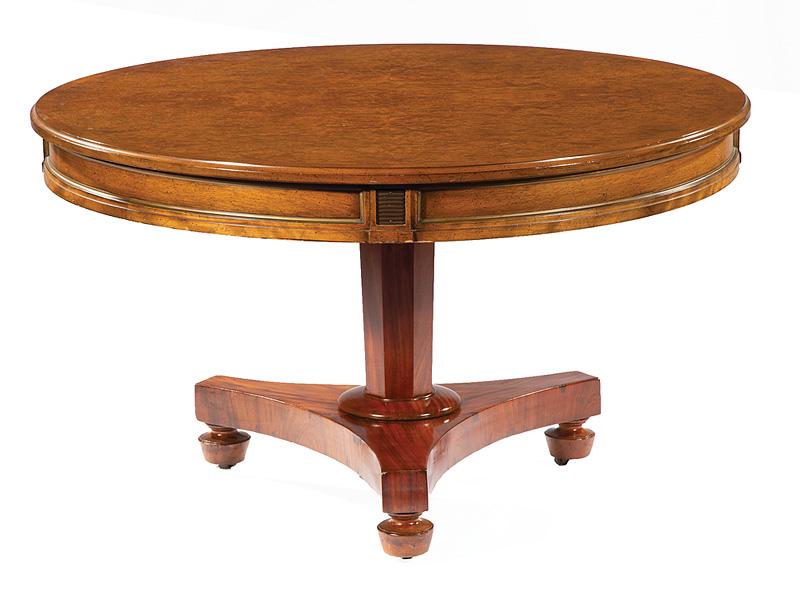 Regency-Style Walnut and Mahogany Center Table: Regency-Style Walnut and Mahogany Center Table , labeled "Beacon Hill Collection", molded top, blocked frieze, faceted standard, incurvate triangular base, turned urn feet, h. 28 in., dia. 47 3/4 in