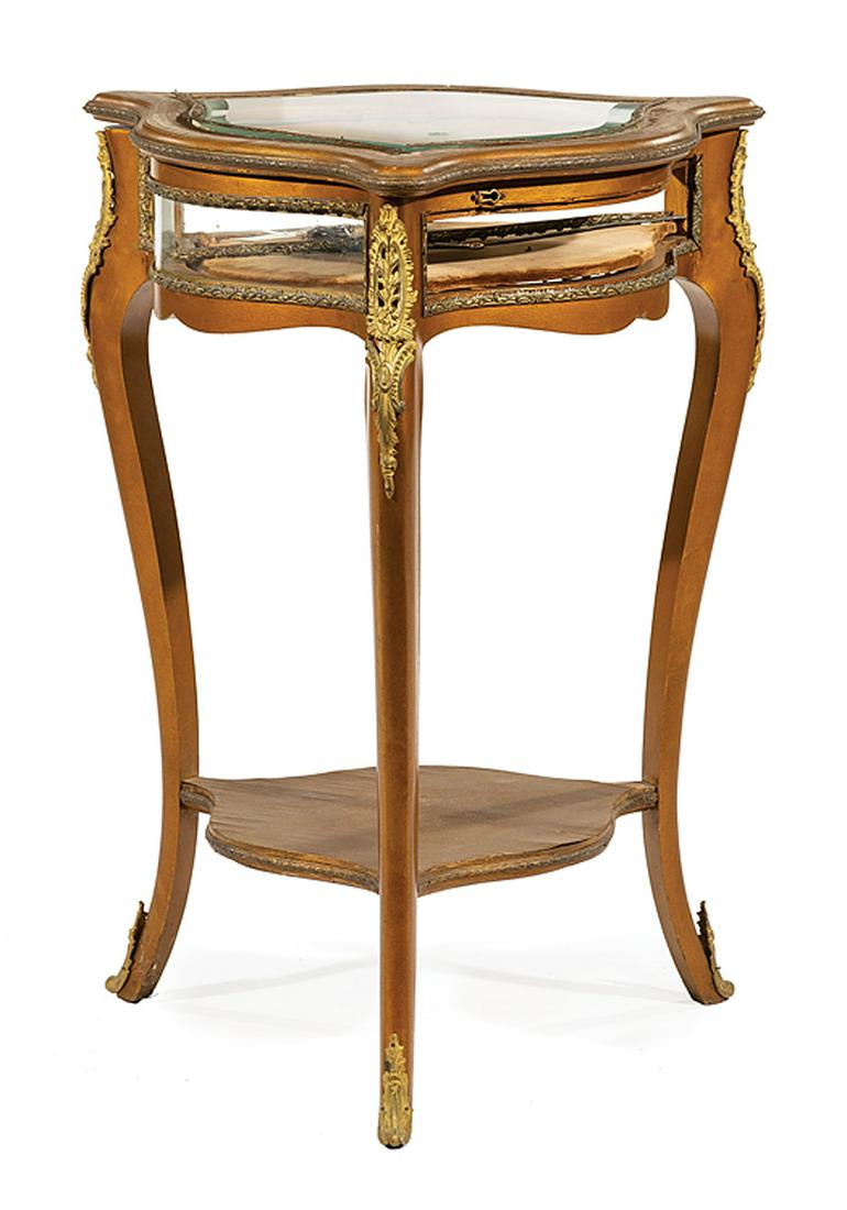 Painted and Bronze-Mounted Vitrine Table: Louis XV-Style Painted and Bronze-Mounted Vitrine Table , 20th c., shaped glazed top and case with velvet-lined base, cabriole legs, stretcher shelf, sabots, h. 29 1/2 in., w. 21 3/4 in., d. 21 1/4 in