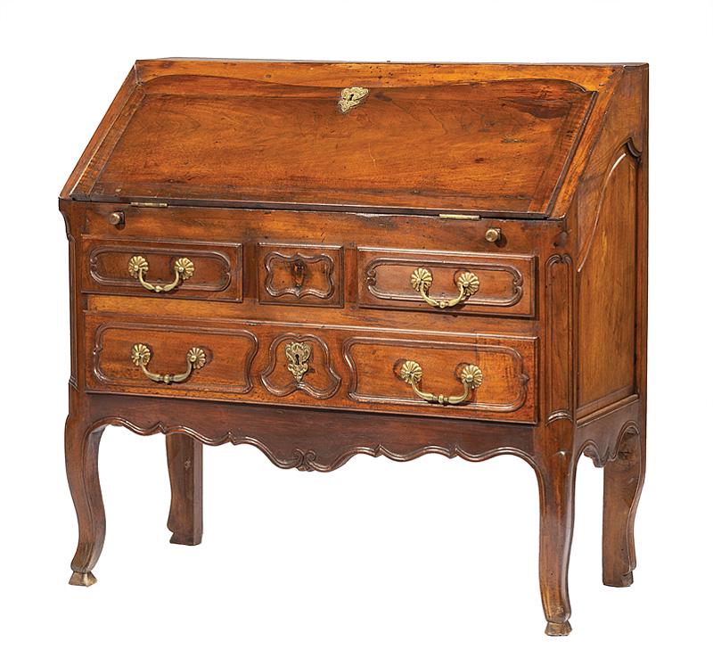 Italian Rococo Carved Fruitwood Fall-Front Desk: Italian Rococo Carved Fruitwood Fall-Front Desk , 19th c., fitted interior, leather writing surface, small false drawer flanked by two drawers, over one long drawer, scalloped apron, raised cabriole l