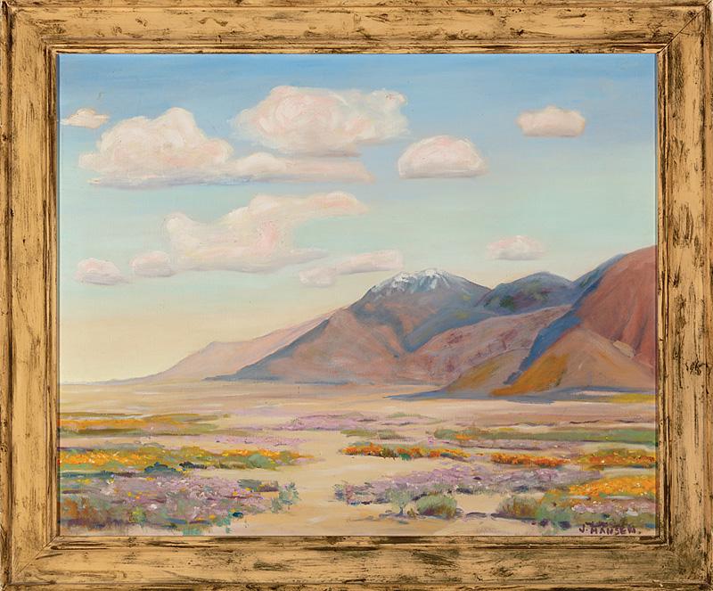 American School, 20th c: American School, 20th c ., "Mountain Landscape", oil on canvas, signed "J. Hansen" lower right, 24 in. x 30 in., framed . Condition: Light surface dirt; light scratches upper right corner; 3 in. scrat